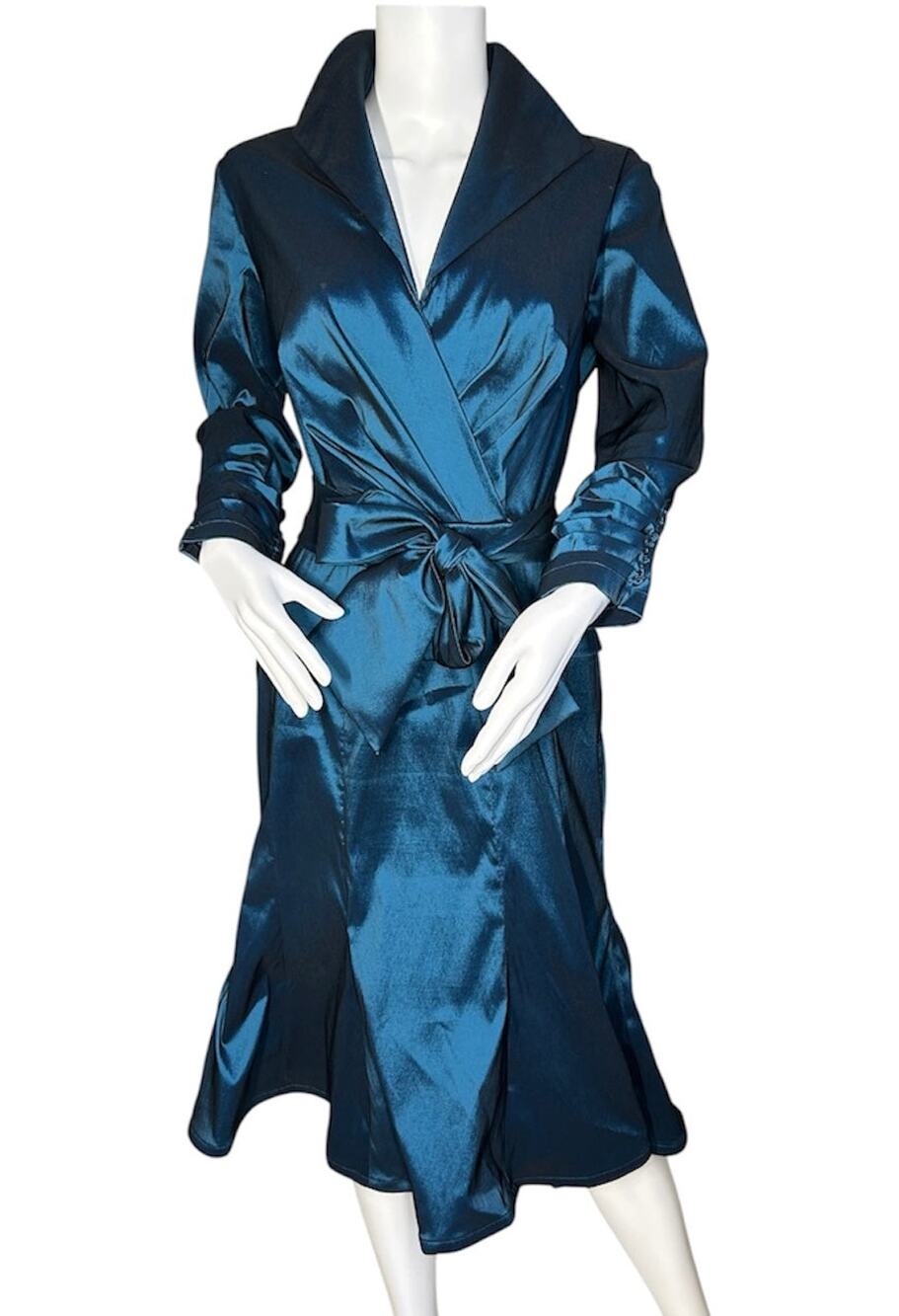 Tadashi Collection Size 8 Teal Satin Tie Waist Midi Dress Ruched Sleeve Cocktail